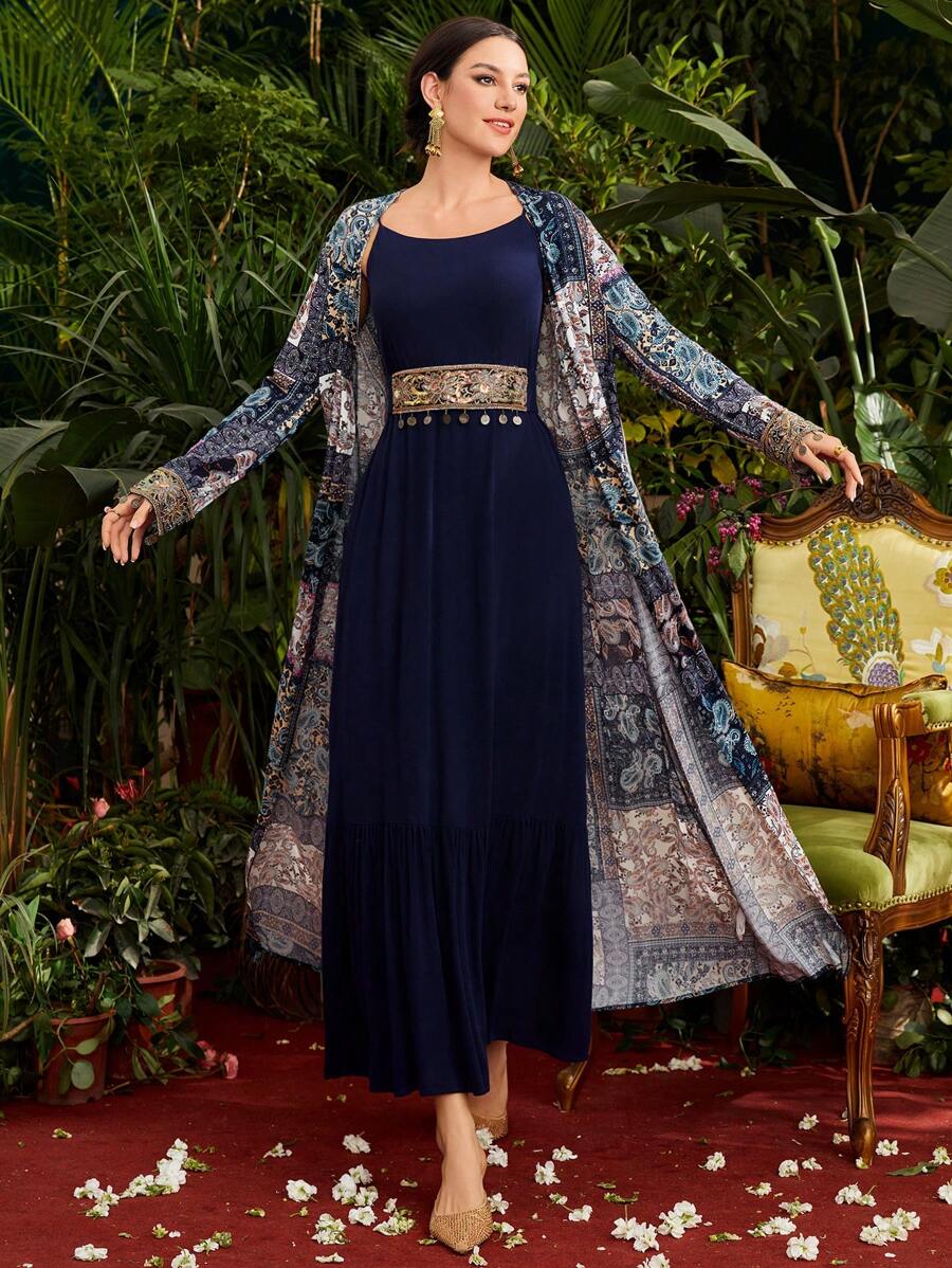 Al Najma Women'S Paisley Print Jacket & Embroidery Patchwork Dress Two Pieces Set 2 Pieces Set - Blue - View 1