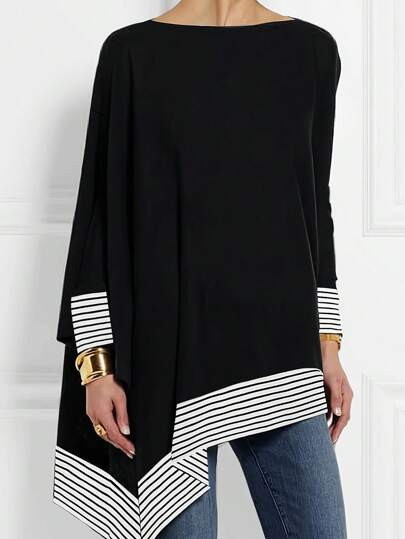 Blusa de cuello redondo de color liso con dobladillo diagonal largo para mujer talla grande, sencilla y generosa, adecuada para salir o estar en casa. Ropa de verano para mujer, estilo casual de oficina.