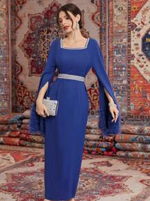 Modelyn Women'S Arabian Style Dress With Cape Sleeves, Belted Waist And Woven Stripe Detail Long Evening Dresses - Blue - View 6