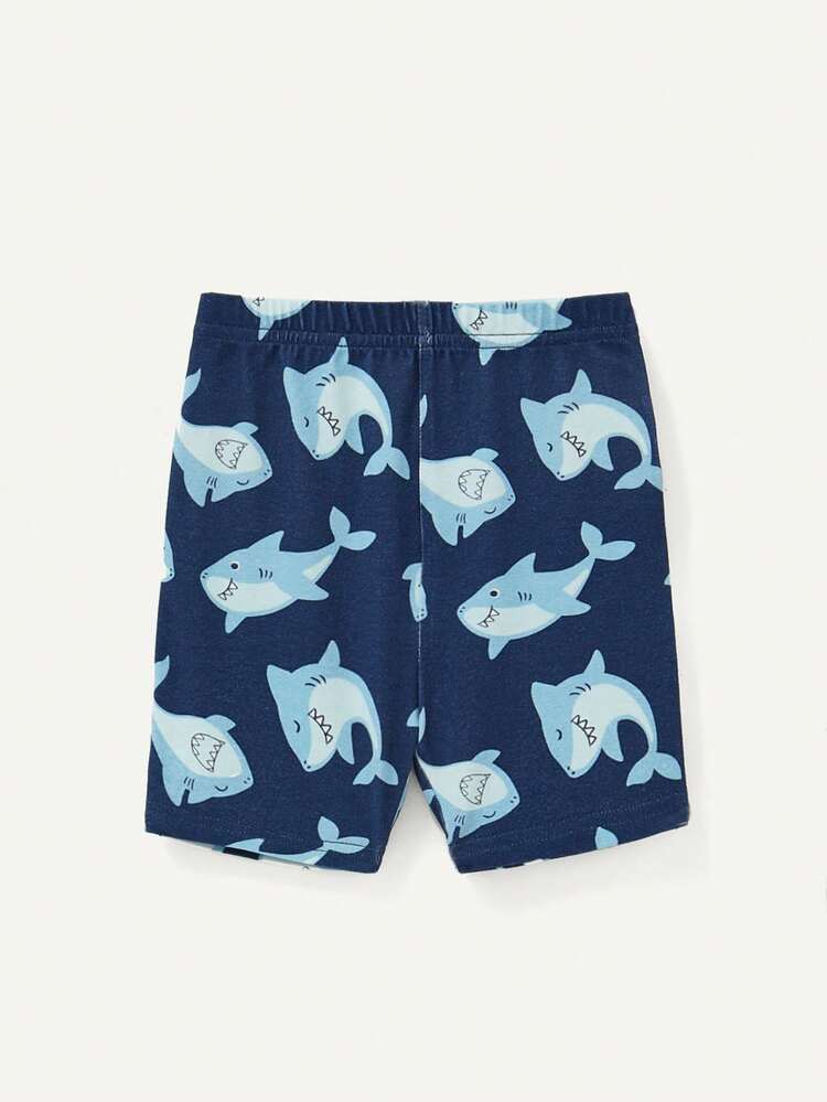 Baby Boy Snug Fit Pajama Set - Cartoon Shark Patterned Short Sleeve Round Neck Top And Casual Shorts 2pcs