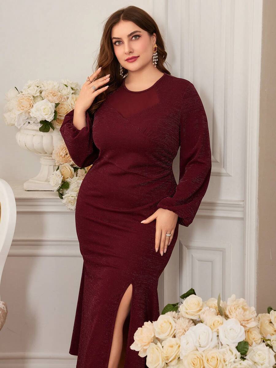 Modelyn Burgundy Red Plus Size Lantern Sleeve High Slit Dress Long Evening Dresses - Burgundy - View 1