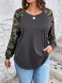 SHEIN LUNE Plus Size Women's Christmas Black & Red Plaid Patchwork Crew Neck Long Sleeve Casual T-Shirt, Autumn/Winter Women T Shirt - Dark Grey - View 1