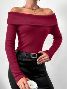 RueChic Foldover Off Shoulder Sweater - Red Violet - View 5