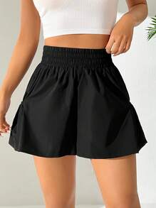 SHEIN EZwear Women's High Waisted Elastic Waist Wide Leg Shorts - Black - View 5