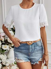 SHEIN Clasi 背部拼接蕾絲及波浪邊設計襯衫 - 白色 - 查看 3