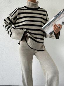 EURMUSE Striped Pattern Turtleneck Drop Shoulder Sweater & Knit Pants - Multicolor - View 4