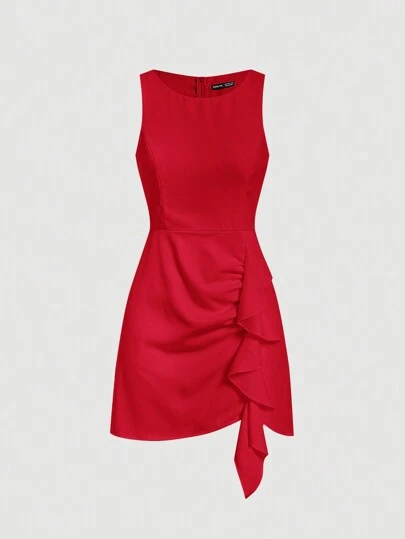 SHEIN MOD 女士纯色荷叶边无袖约会晚礼服