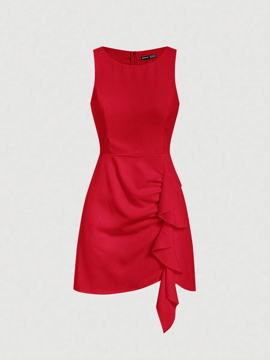 SHEIN MOD Women's Solid Color Ruffle Trim Sleeveless Date Night Dress - Burgundy - View 1