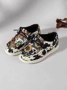 Girls Cow Print & Sunflower Pattern Casual Sneakers - Multicolor - View 6