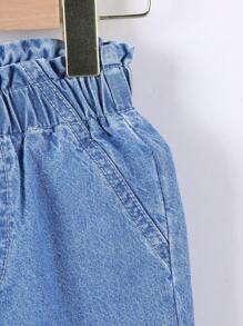 SHEIN Đứa bé gái Retro & Dễ thương Eo đàn hồi Hoa Chồi Thiết kế quần ống rộng Quần jean Với Mềm mại Denim mùa giặt Denim , Ánh sáng Xanh - Rửa nhẹ - Xem 4