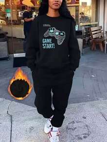INAWLY 女士遊戲手柄和字母印花絨毛運動服套裝 - 黑色 - 查看 1