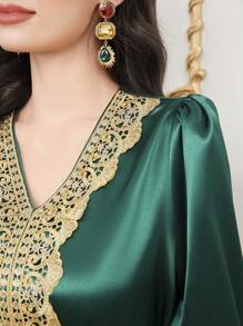 Al Najma Tiếng  Ả Rập Phong cách Của phụ nữ Thêu Cổ v Shirred Cuff Áo choàng Abaya Đầm - Màu xanh lá cây đậm - Xem 8