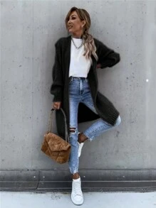 SHEIN LUNE Cárdigan de manga larga de unicolor, Blusas de manga larga