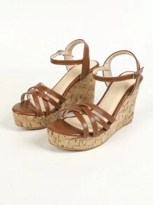 女式楔形高跟平台涼鞋 - 棕色 - 查看 7