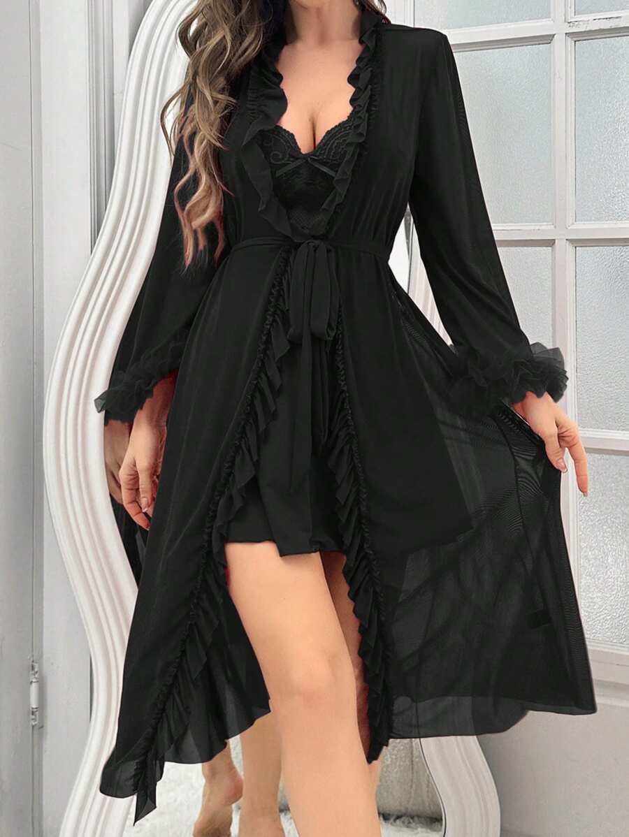 Women's Pajama Set With Pleated Sleepwear Robe And Spaghetti Strap Nightgown - Black - View 1