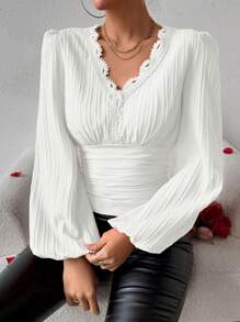 Chiquease V-Neck Lantern Sleeve Elegant Blouse Fall Cloth For Women - White - View 4