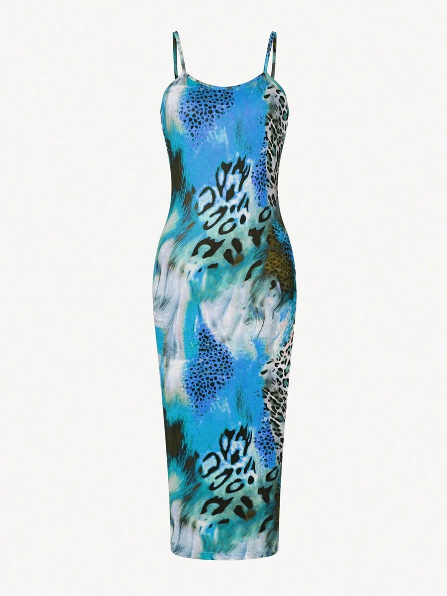 SHEIN SXY Ladies' Leopard Print Bodycon Dress Maxi Women Outfit - Blue - View 1