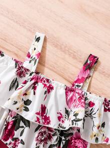 少女花卉印花荷叶边细肩带连衣裙 - 彩色 - 查看 4