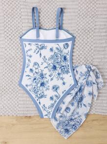 Tween Girl Floral One-Piece Swimsuit And Knotted Side Swim Skirt