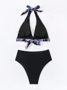 SHEIN Swim Ladies' Printed Plant Pattern Splicing Halter Bikini Set Summer Beach - Multicolor - View 5