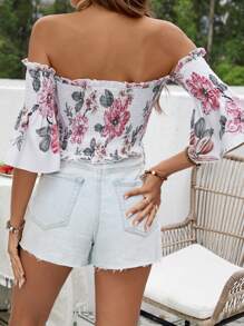 SHEIN VCAY Flower Printed Off Shoulder Shirred Top For Women - White - View 2