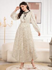 Modelyn Của phụ nữ Hình vết tròng Polka Đầm Với Ruffled Đường viền cổ áo Và Thắt lưng Eo - Màu be - Xem 3