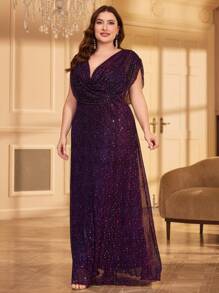 Plus Size Women V-Neck Sequined Party Dress Wedding Guest Dress Formal Dress Evening Dress,Gown - 紫色 - 查看 5