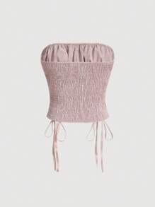 SHEIN MOD 女性帶皺摺和綁帶前扣的無肩帶上衣 - 粉色 - 查看 2