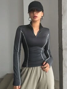 DAZY 修身女式 T 恤，带装饰边饰，立领和半开前襟，秋季服装长袖女式上衣 - 深灰色 - 查看 1