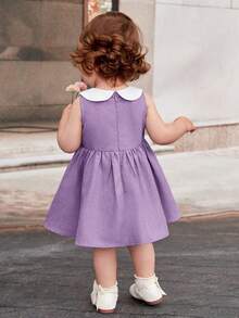 SHEIN 女婴休闲宽松拼色连衣裙，彼得潘领，松紧腰，褶皱 - 淡紫色 - 查看 2