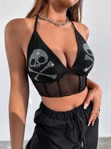 SHEIN Unity 鑽石骷髏紋性感領口上衣 - 黑色 - 查看 3