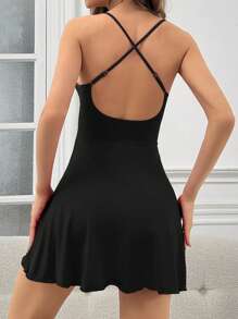 Women's Pajama Set With Pleated Sleepwear Robe And Spaghetti Strap Nightgown - Black - View 3