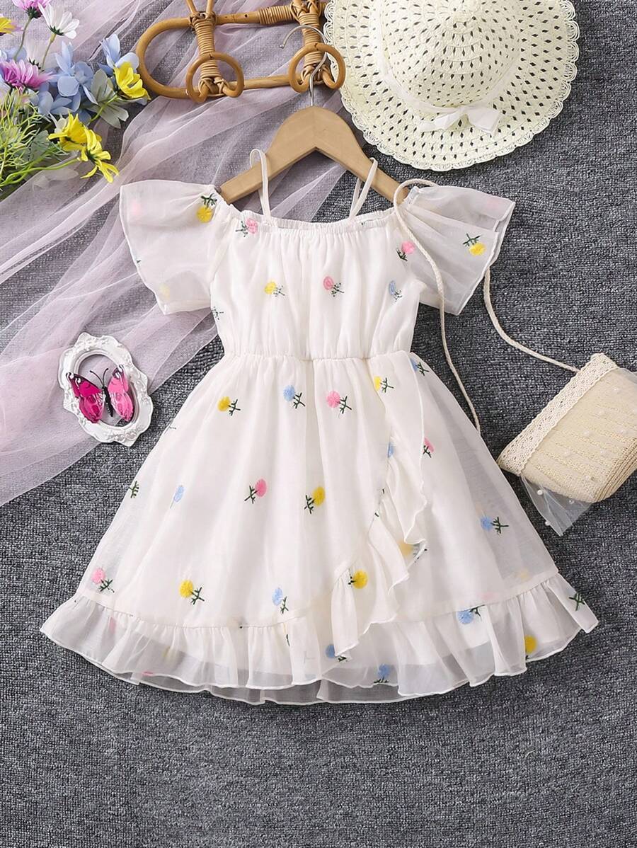 SHEIN Kids CHARMNG Young Girls' Off-The-Shoulder Flower Embroidered ...