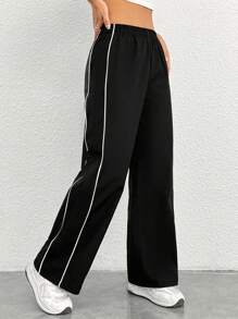 SHEIN PETITE Pantalones De Pierna Recta Con Color Contrastante Lateral - Negro - Ver 7