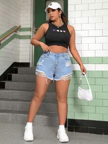 SHEIN EZwear Plus Size Ripped Denim Shorts - Light Wash - View 4