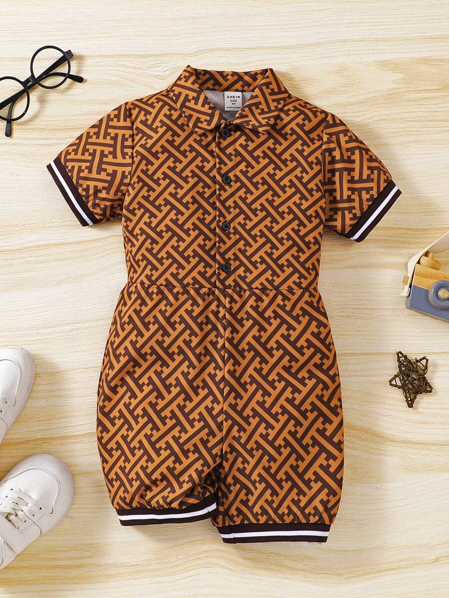 SHEIN Trẻ Con trai Hình học In Sọc Dây đeo Áo liền quần - Nhiều màu - Xem 1