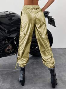 SHEIN Cottnline Women'S Solid Color Metallic Cargo Trousers - Gold - View 3