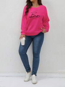 SHEIN Franclia Plus Size Letter Print Crew Neck Sweatshirt - Hot Pink - View 3