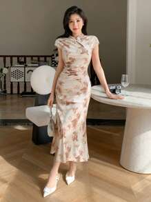 DAZY Mới Phong cách Trung Quốc Hoa Giường đôi Váy chữ A - Màu be - Xem 3