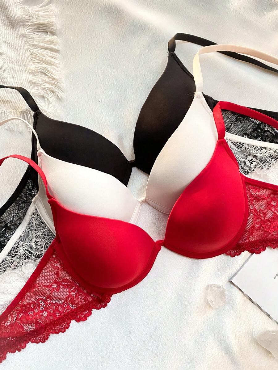 SHEIN 3pcs Women's Lace Trim Underwire Bra - Multicolor - View 1