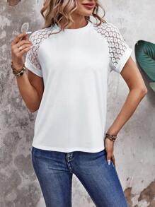 EMERY ROSE Của phụ nữ Màu thuần Ren Raglan Ngắn tay Giải trí Áo thun Mùa hè - trắng - Xem 3