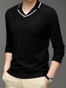 Suéter Masculino De Cuello Solapa Con Diseño De Bloque De Color Y Diseño De Ribete - Negro - Ver 3