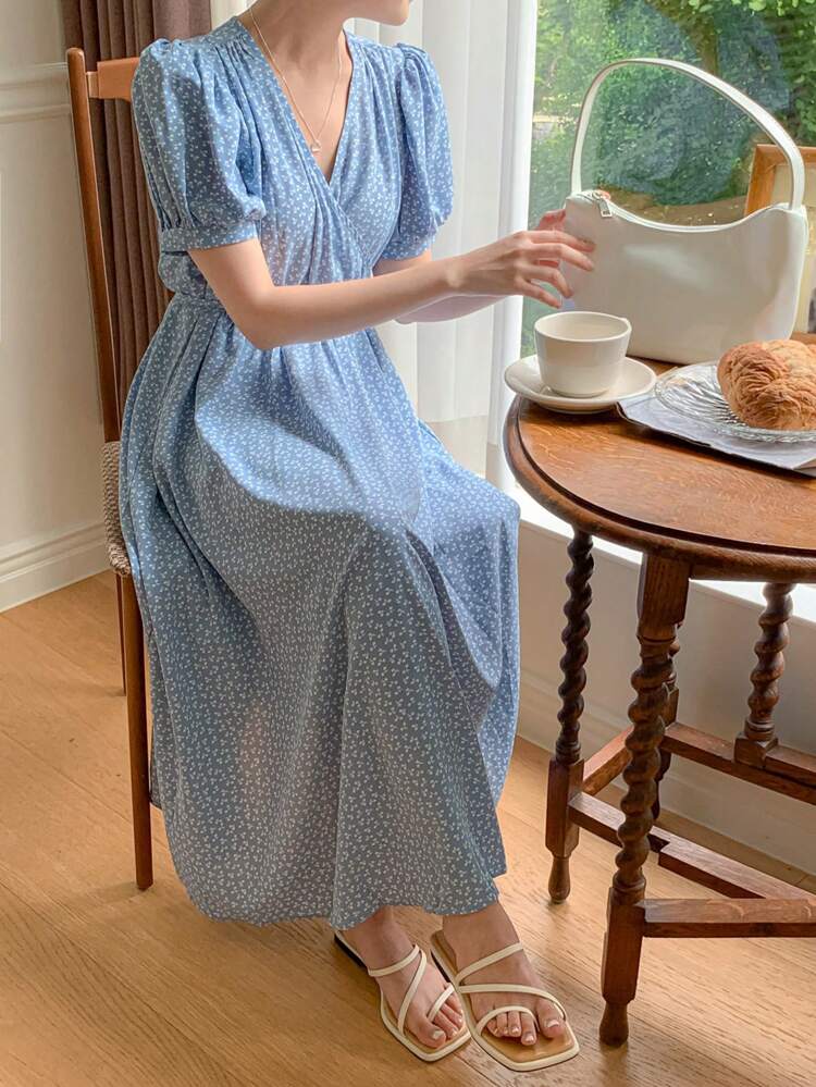 Floral Printed V-Neck Dress For Women Sundress,Casual Women Dresses