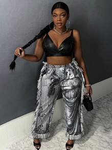 Slaydiva Talla grande Pantalones deportivos con estampado de figura ribete con fleco - Gris - Ver 6