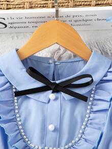 SHEIN Vestido De Manga Abullonada Y Detalles Con Cuentas Para Niñas Jóvenes - Azul - Ver 4