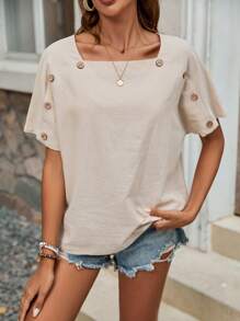 EMERY ROSE 扣飾方領短袖上衣 - 杏色 - 查看 4