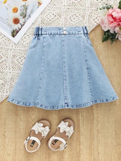 SHEIN 女孩休閒基本寬鬆傘裙牛仔裙,有彈性腰圍,淺藍水洗,非常適合度假