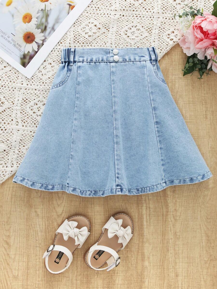 SHEIN 女孩休閒基本寬鬆傘裙牛仔裙,有彈性腰圍,淺藍水洗,非常適合度假