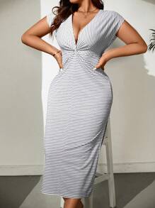 Celure Plus Size Striped Twist Front Side Split Dress - Multicolor - View 3