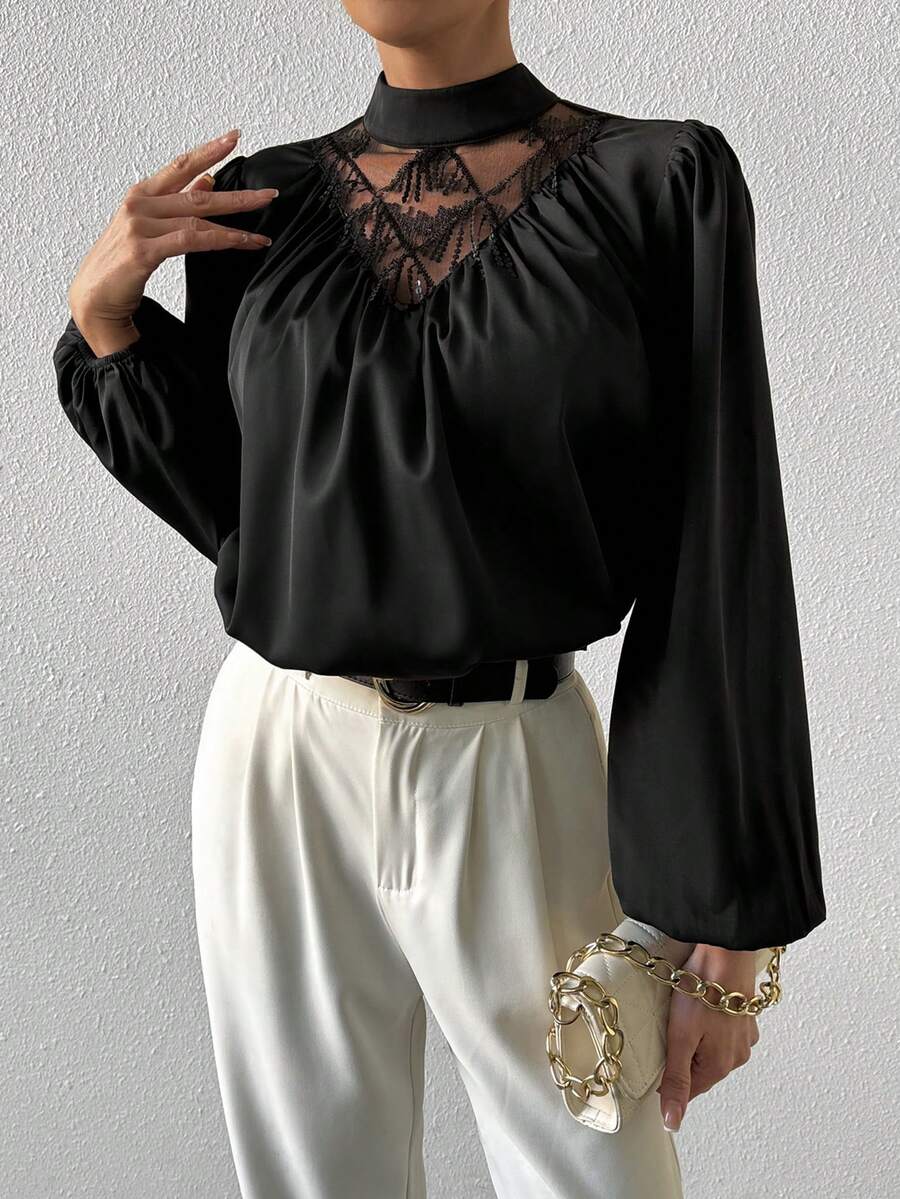 SHEIN Privé 女士网眼撞色闪光流苏立领褶饰灯笼袖衬衫 - 黑色 - 查看 1